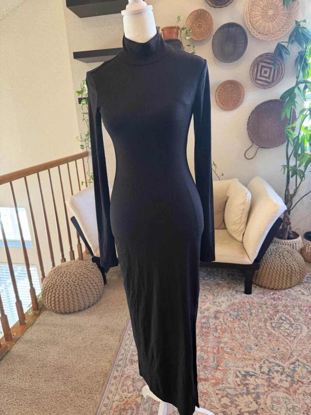AFRM x Nordstrom Black Ribbed Turtleneck Long-Sleeve Dress occasion - Picture 2 of 6